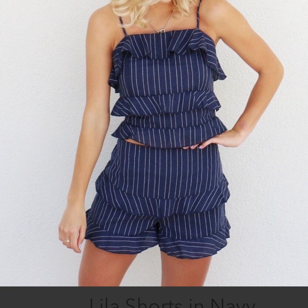 Navy Blue Ruffled Shorts - Picture 2 of 3
